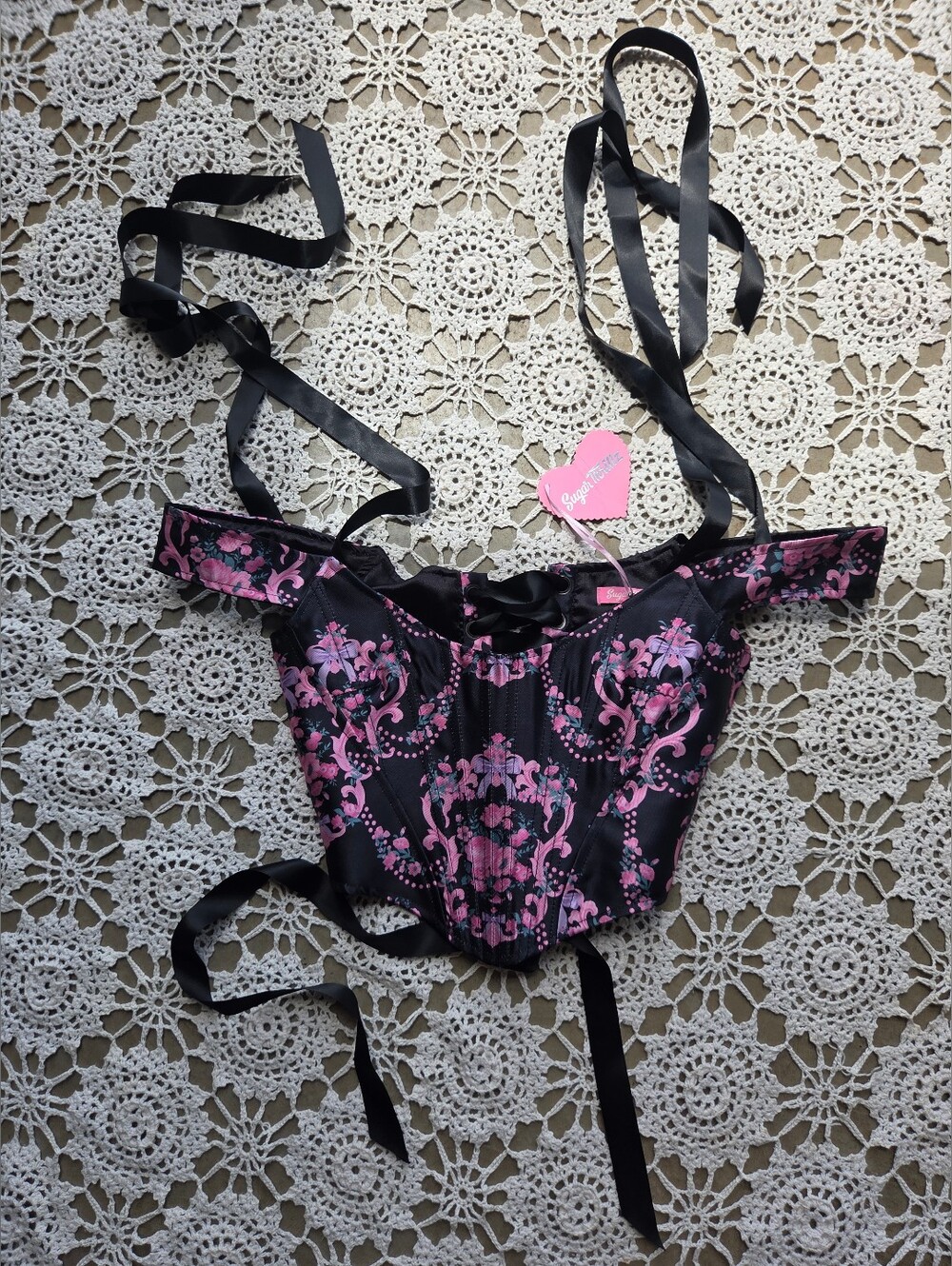 Sugar Thrillz Royally Romantic Corset Top | Black Pink Floral Coquette Goth